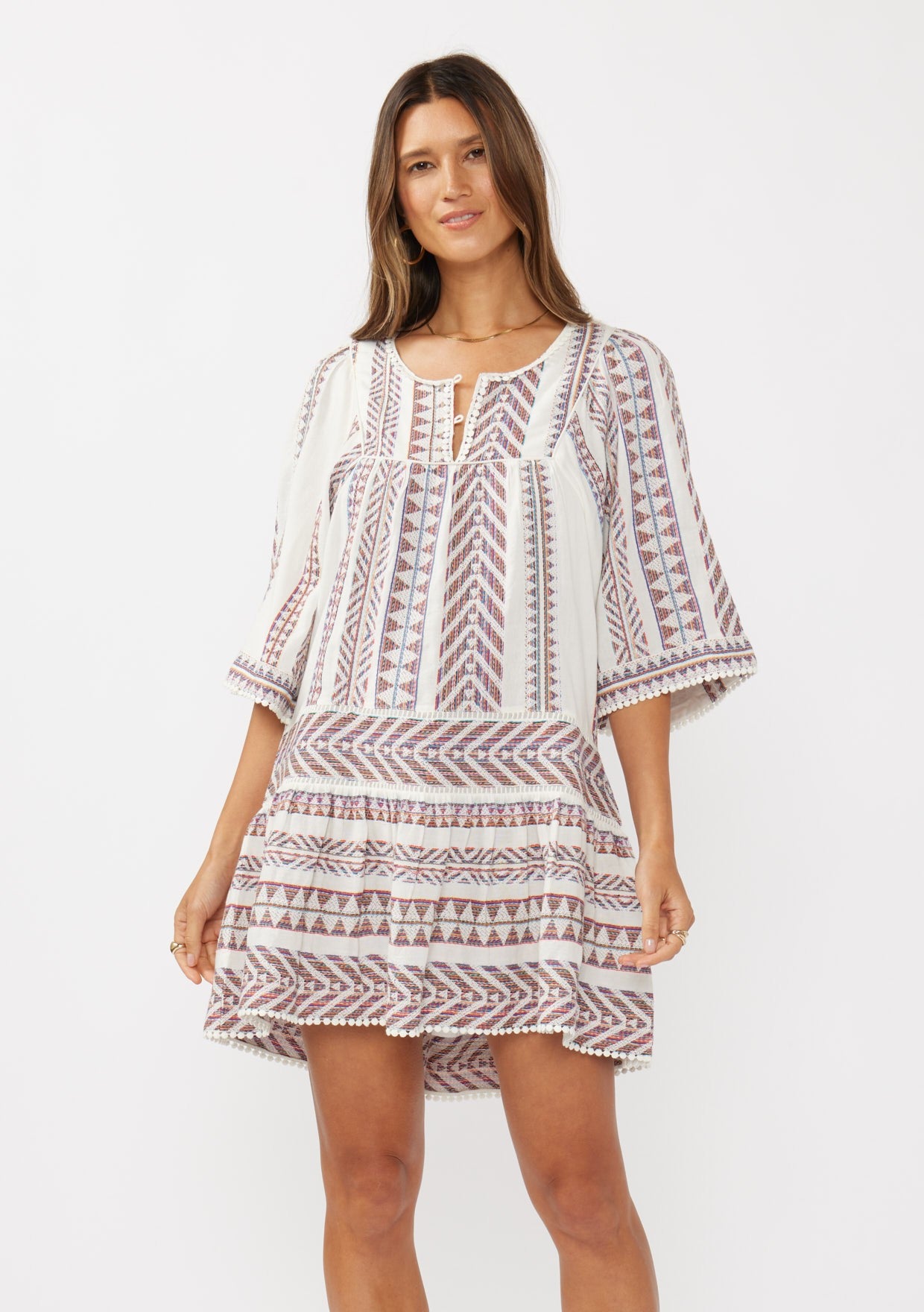 pom pom mini dress Stripe Jacquard Pom-Pom Lace Split-Neck Mini Dress – 1403 Pom