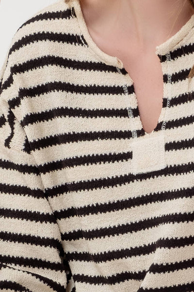 Stripe Split Neck Long Sleeve Knit Sweater