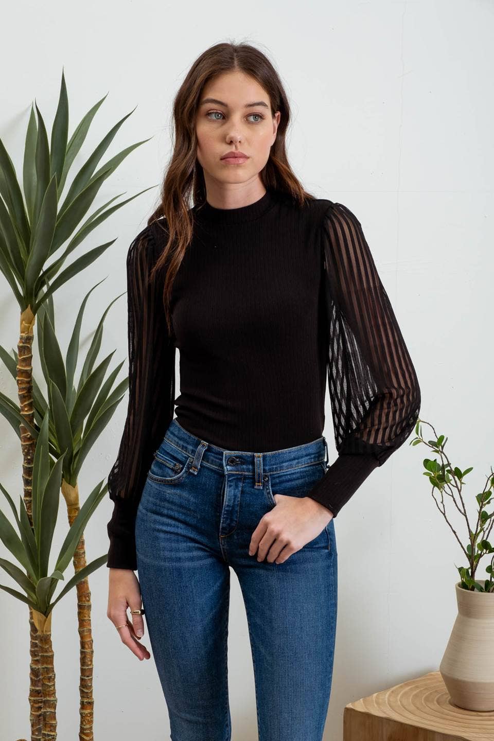 High Neck Sheer Stripe Long Sleeve Knit Top