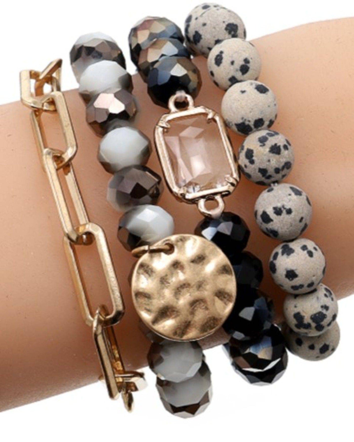 Multi Stone Crystal Beaded Bracelet Set: Black
