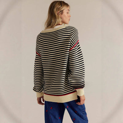 Striped Crewneck Knit Sweater | Loose Fit Pullover Top