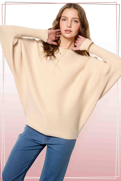 Slouchy Fit Bubble Sleeve Boat Neck Sweater: Brick