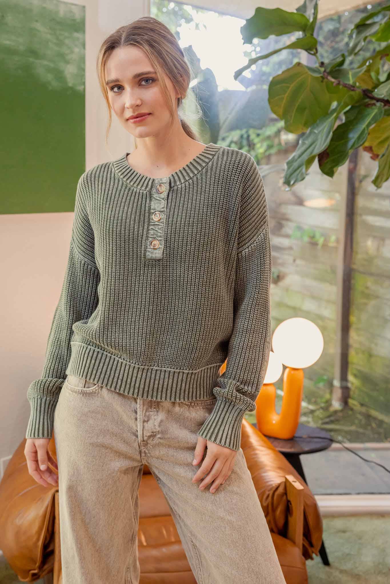 Washed Henley Chunky Knit Sweater