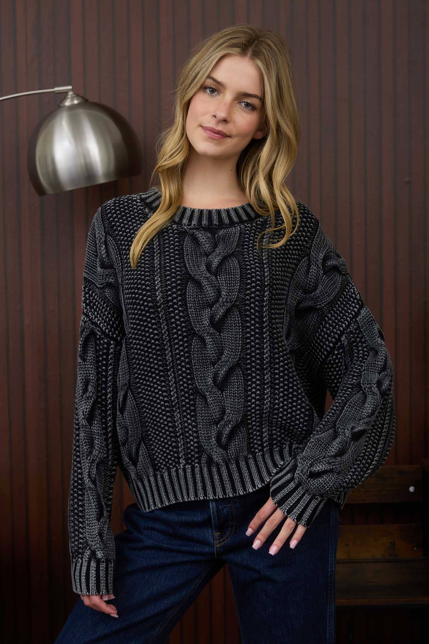 WASHED CABLE KNIT PULLOVER SWEATER: CHARCOAL S,M,L