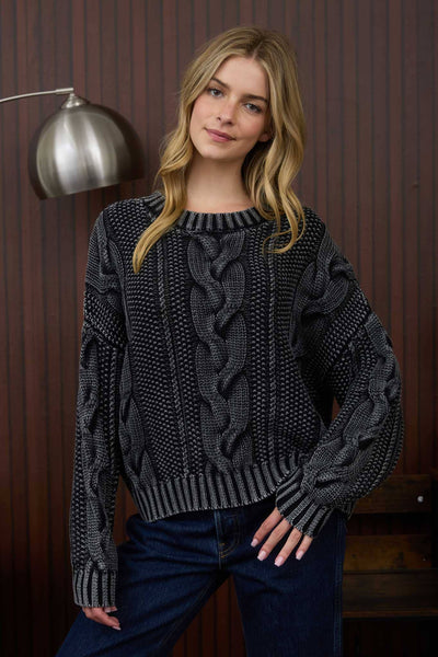 WASHED CABLE KNIT PULLOVER SWEATER: CHARCOAL S,M,L