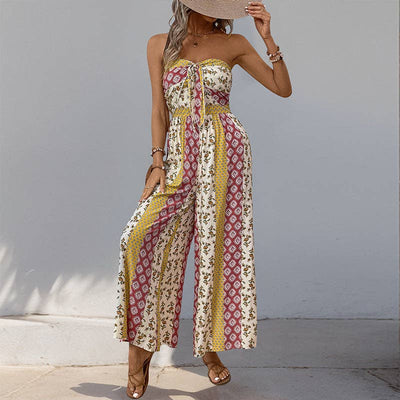 Strapless Smocked Romper Tube Top Flare Trousers Jumpsuit: Apricot