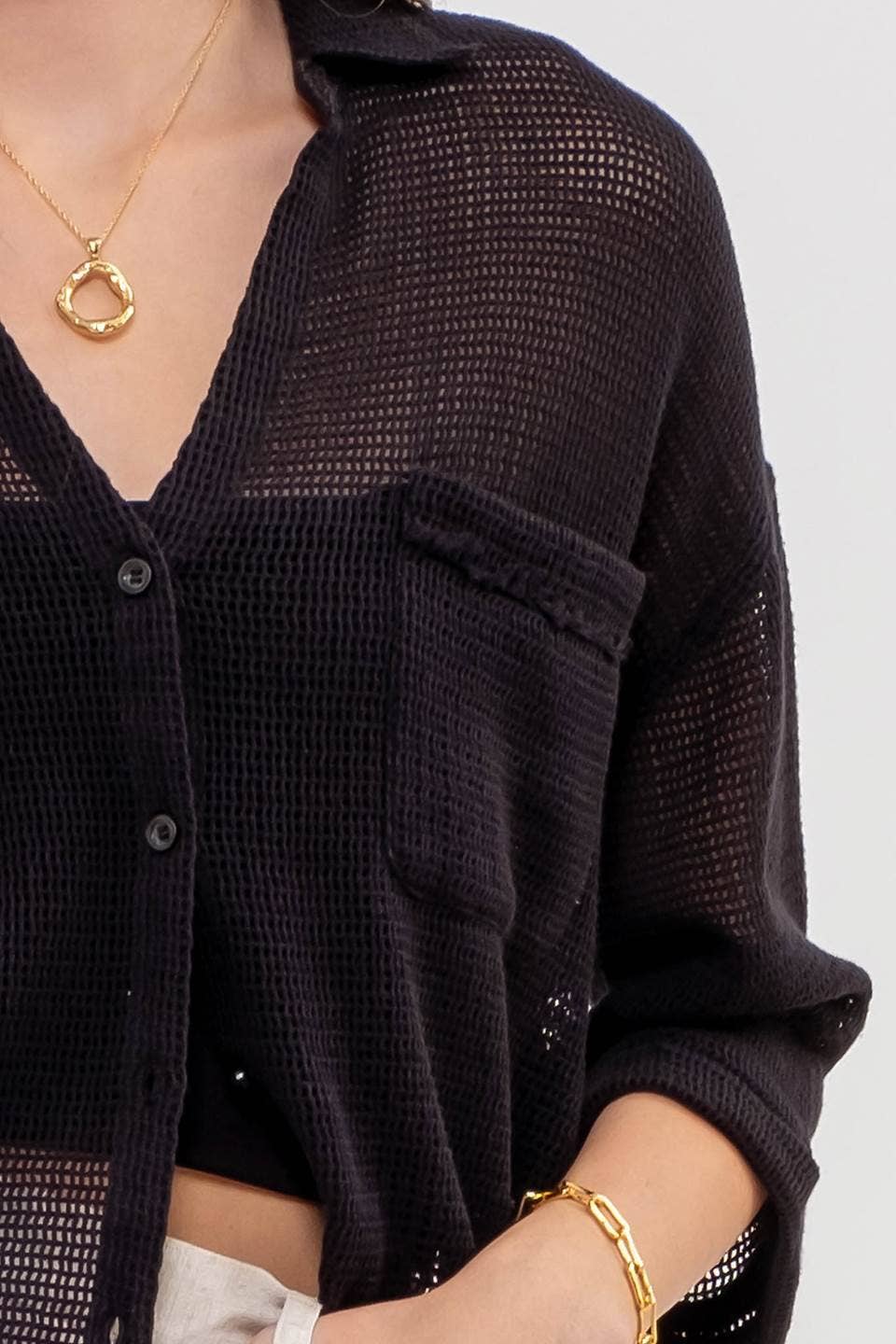 Short Sleeve Sheer Knit Button Up