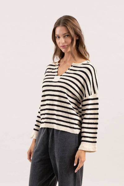 STRIPE SPLIT NECK LONG SLEEVE KNIT SWEATER