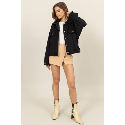 Oversized Frayed Denim Jacket: BLACK / S-M-L