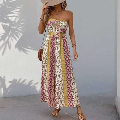 Strapless Smocked Romper Tube Top Flare Trousers Jumpsuit: Apricot