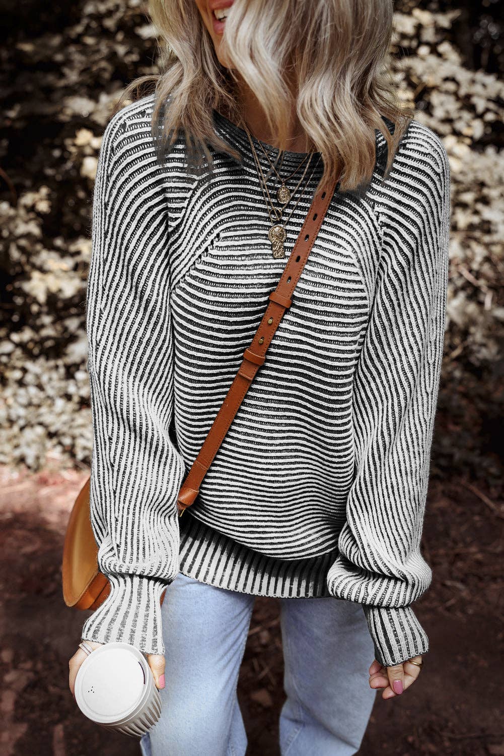 Dahlia Striped Print Ribbed Knit Boat Neck Baggy Sweater: Red Dahlia