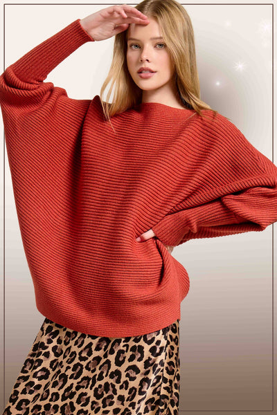 Slouchy Fit Bubble Sleeve Boat Neck Sweater: Brick