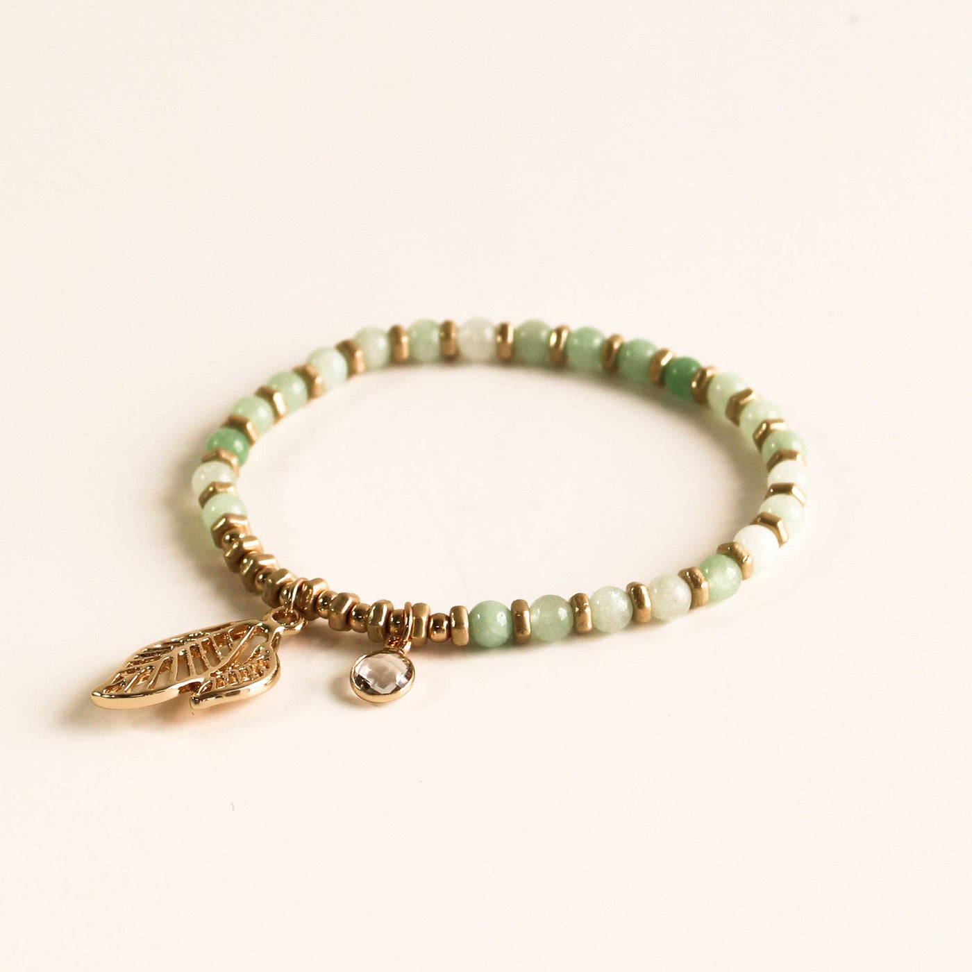 Stretch Bracelet | Leaf w/ Stone Charm. Green & Gold