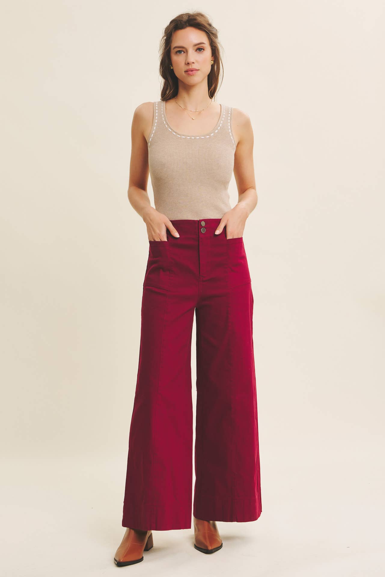 OLIVE WIDE-LEG ANKLE LENGTH PANTS