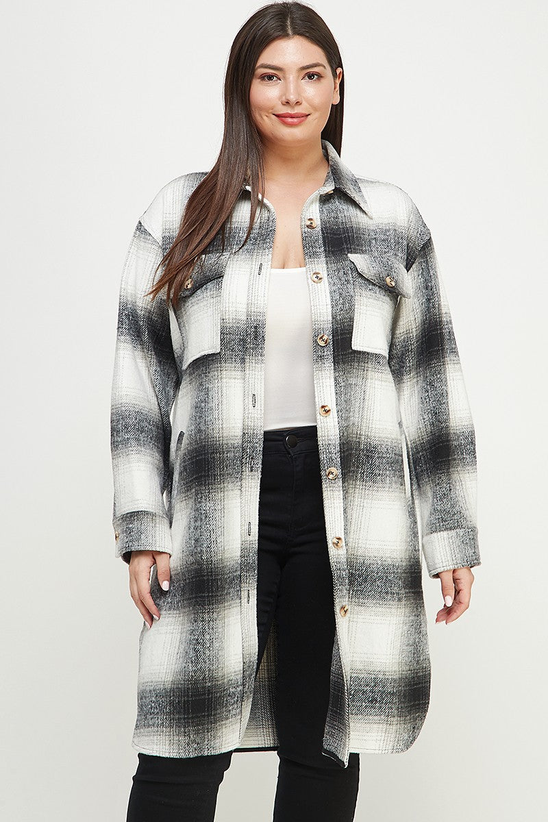 Plus Size Long Soft Flannel Collared Shacket