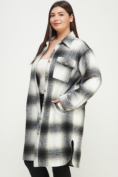 Plus Size Long Soft Flannel Collared Shacket