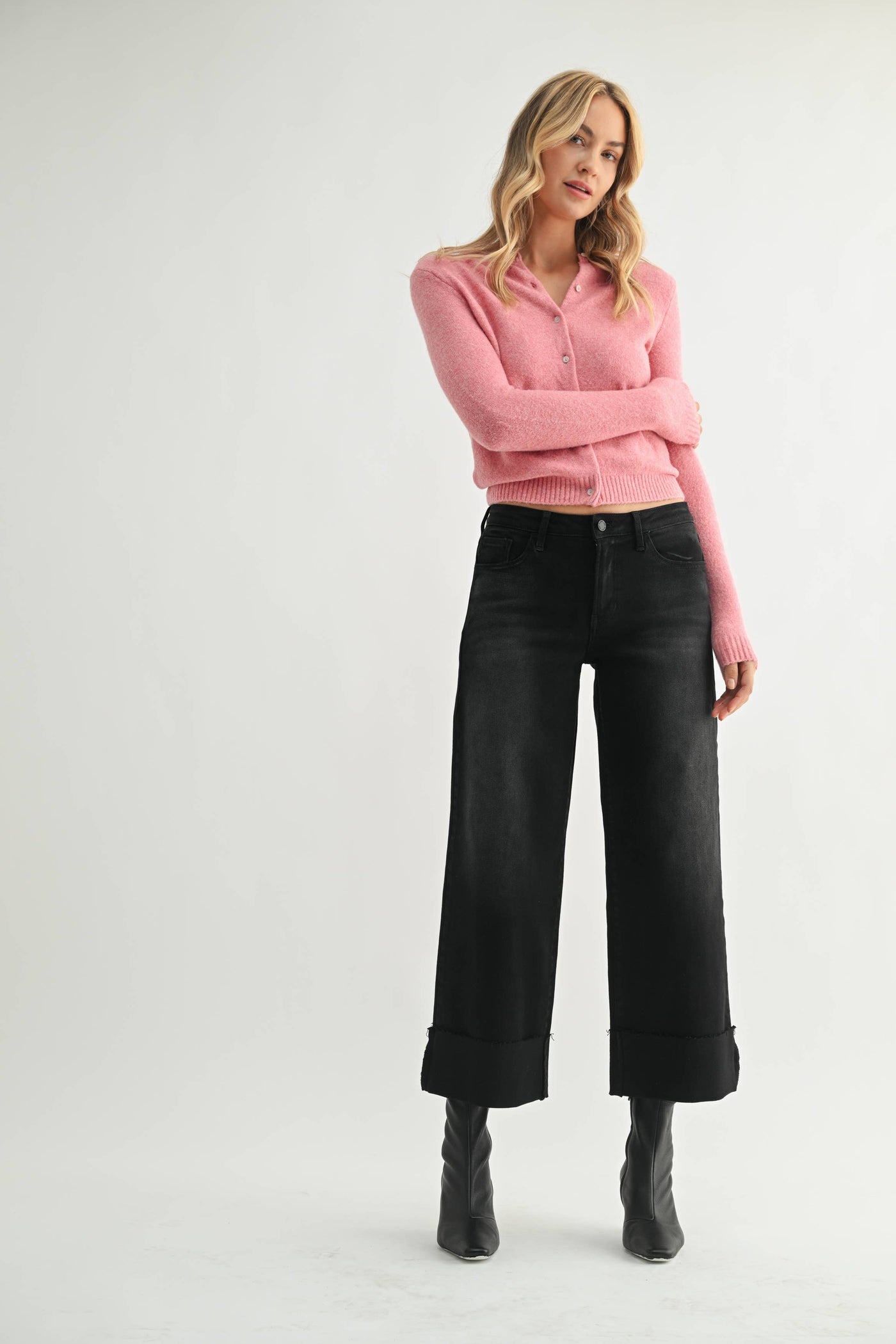 Washed Black Scissor Cut Cuffed Wide Leg