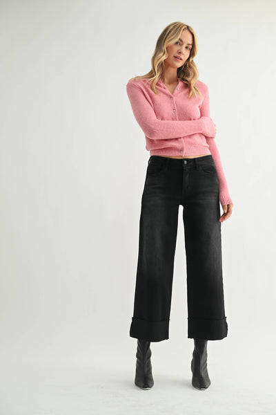 Washed Black Scissor Cut Cuffed Wide Leg