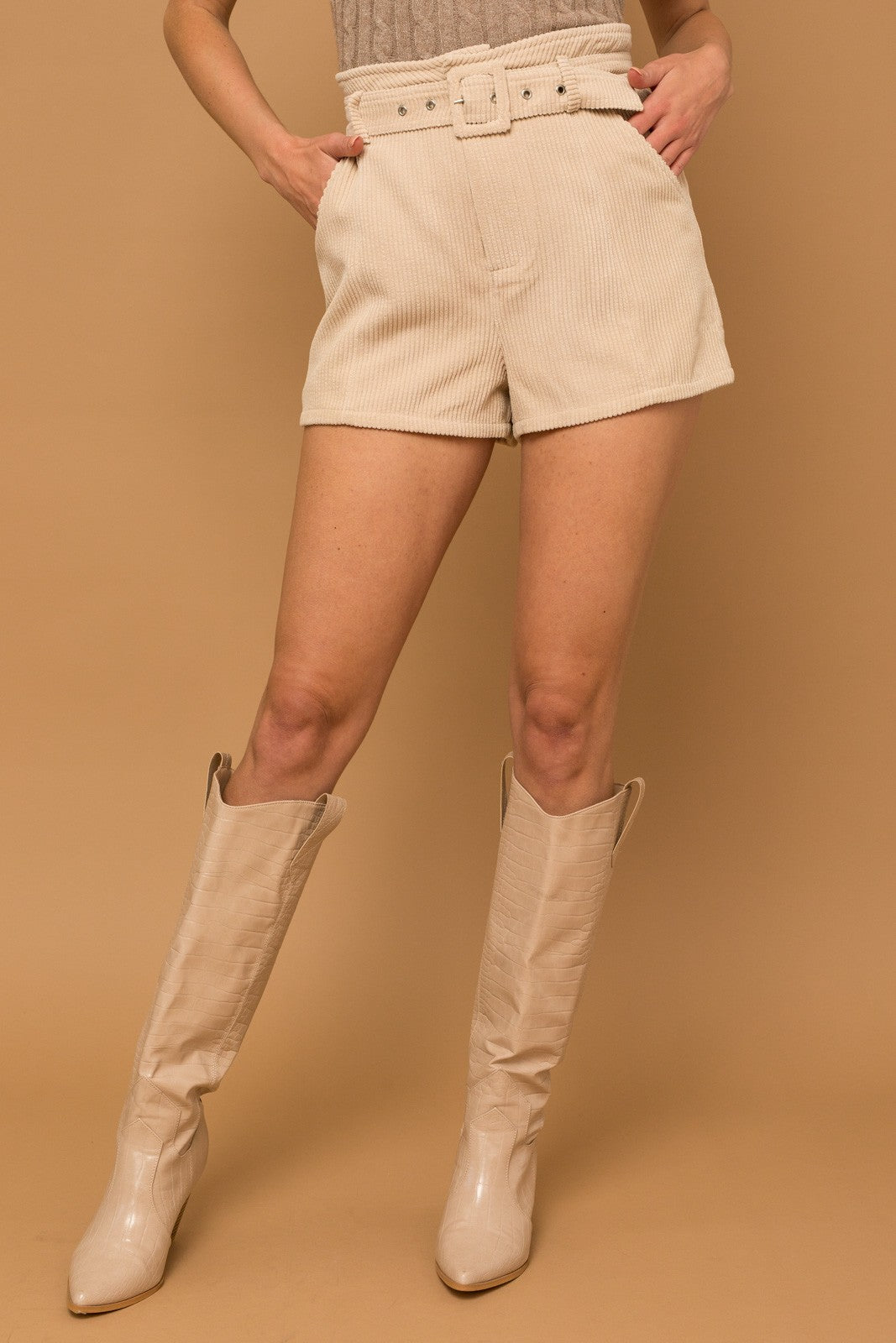 High Waisted Belted Paper Bag Corduroy Shorts