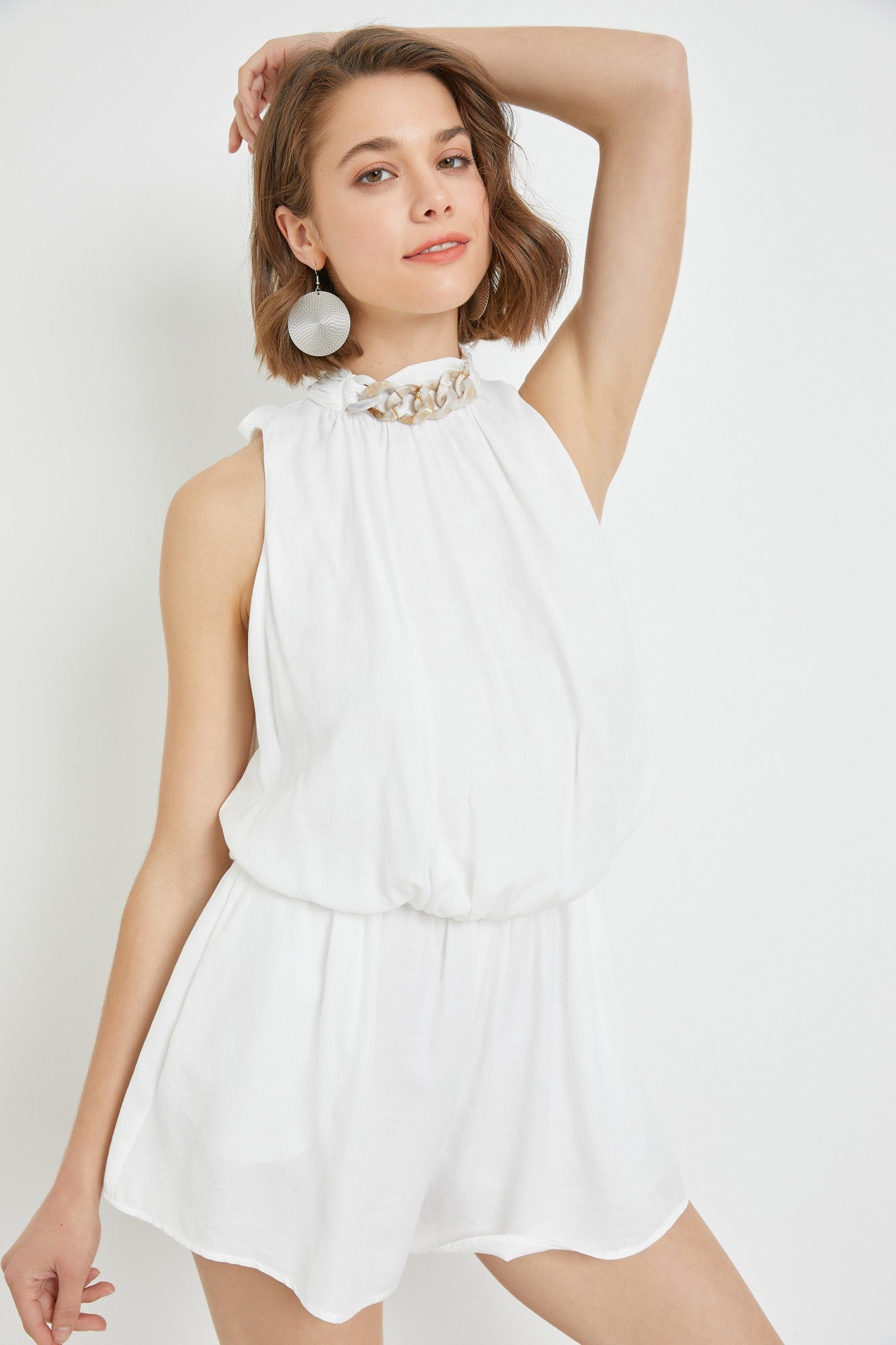 High Neck Chain Shirred Romper