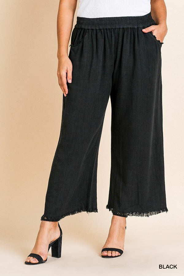 Linen Blend Elastic Waistband Wide Leg Pants