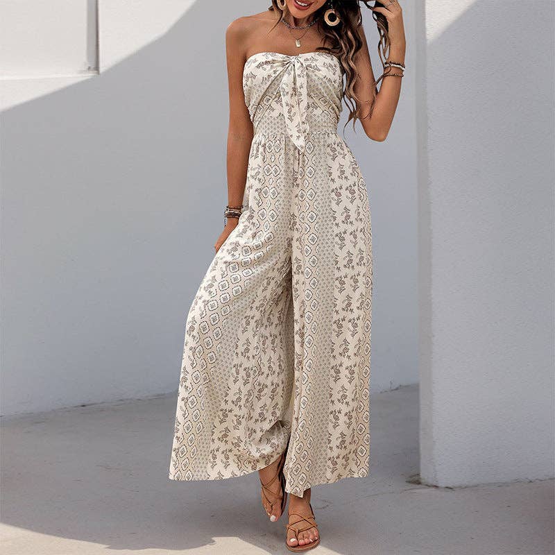 Strapless Smocked Romper Tube Top Flare Trousers Jumpsuit: Apricot