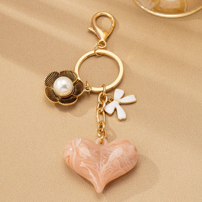 BAG CHARM KEY CHAIN-SWIRL HEART PERAL FLORAL BOW | 80K090: Gold