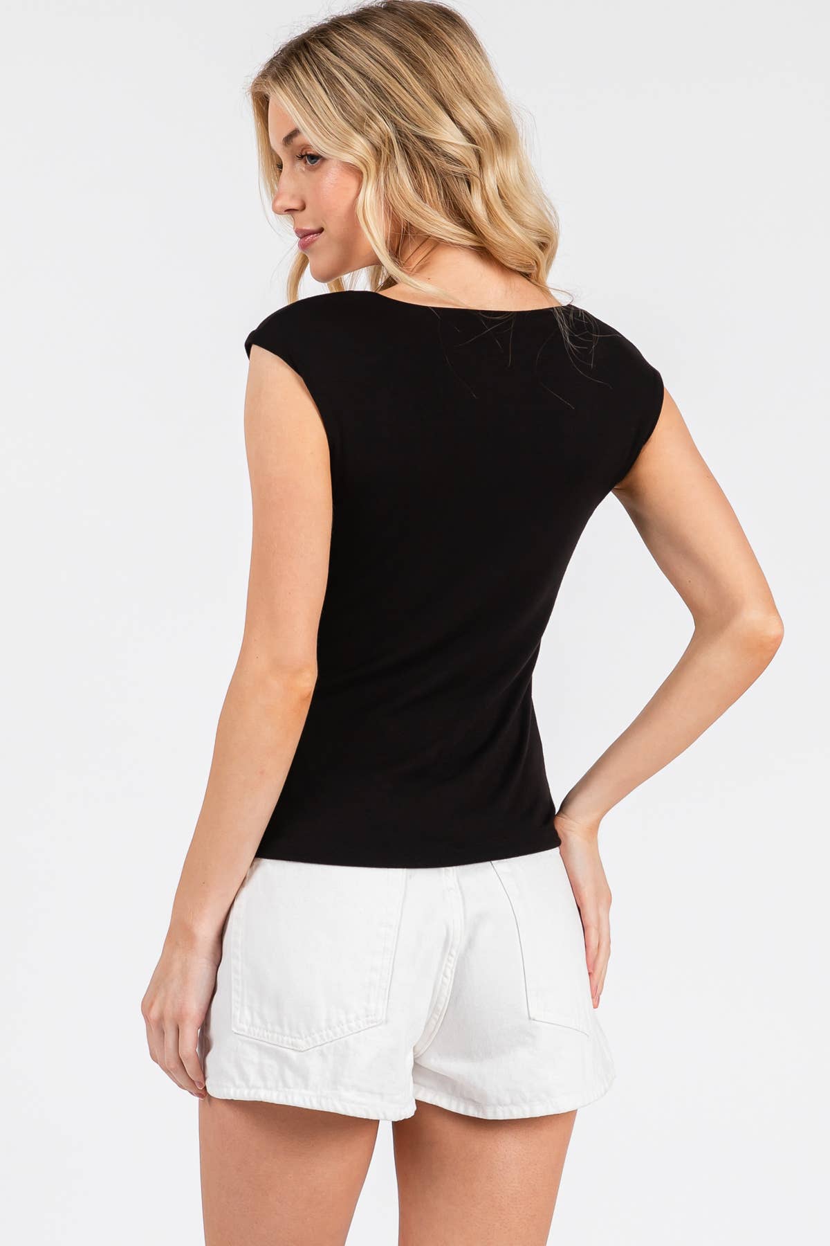Square Neck Solid Sleeve Top: Black / S,M,L