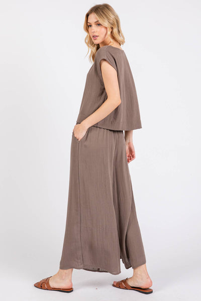 Woven Wide Leg Pull on Pants - Walnut Gray / S M L