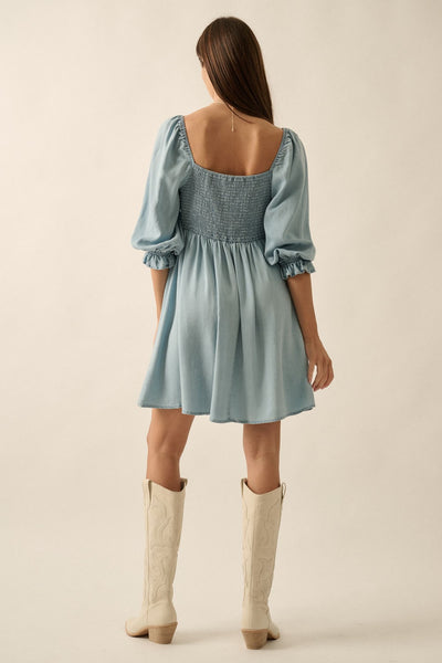 Denim Square-Neck Smocked Low-Back Mini Dress