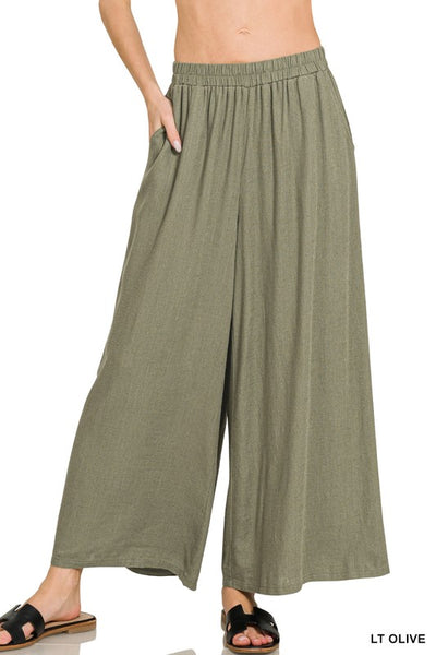 Woven Pleated Linen Blend Wide Leg Pants