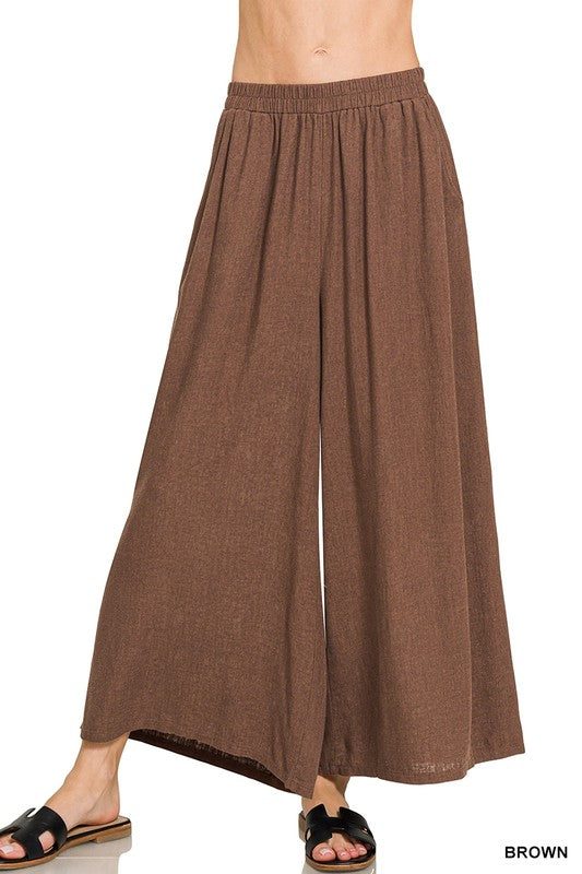 Woven Pleated Linen Blend Wide Leg Pants