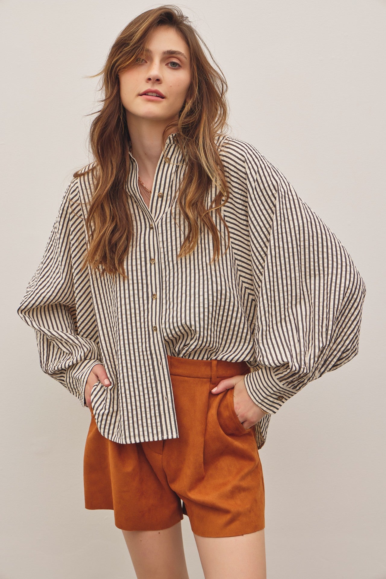 Voluminous Sleeved Button Down Stripe Shirt