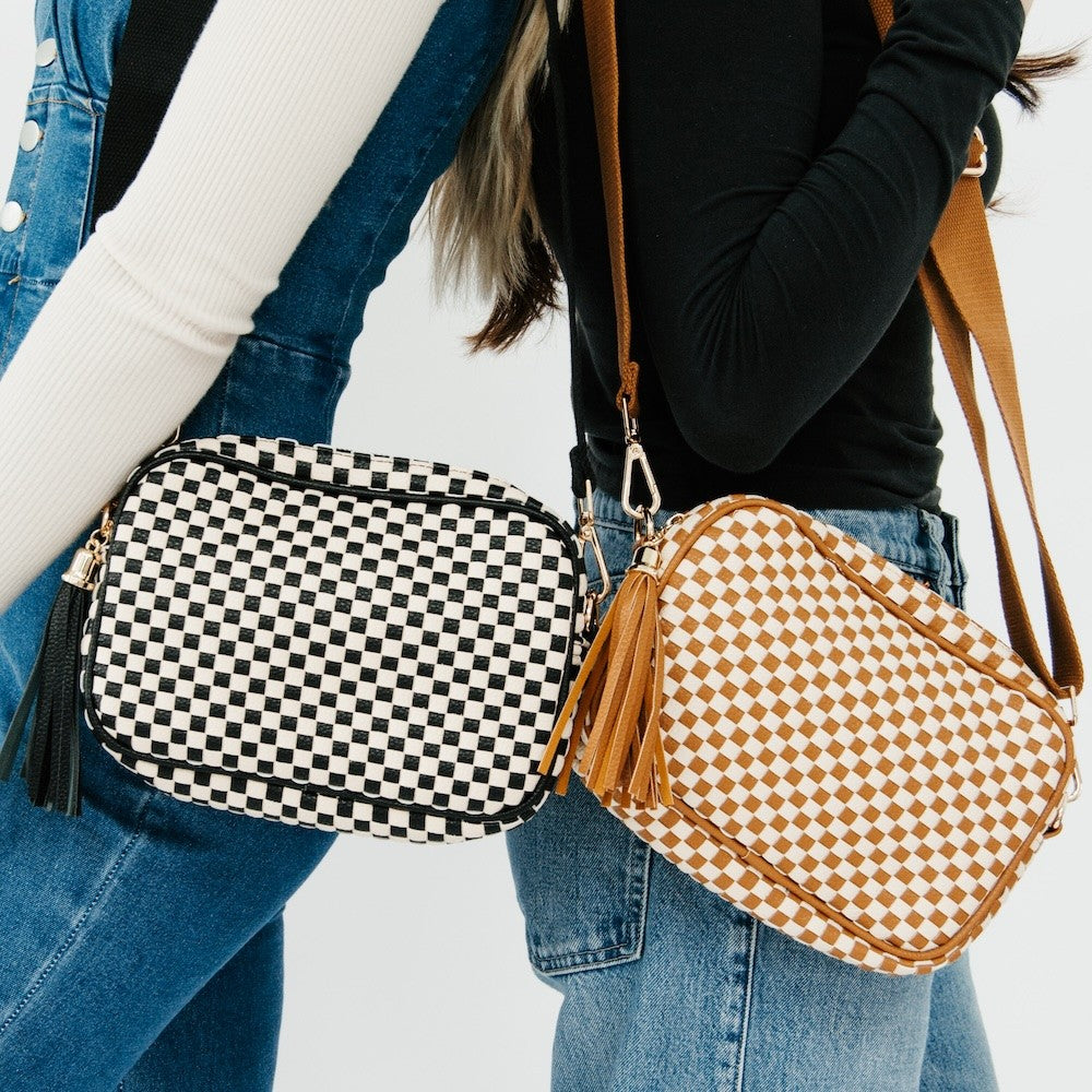 Checkered Woven Willow Camera Crossbody Bag