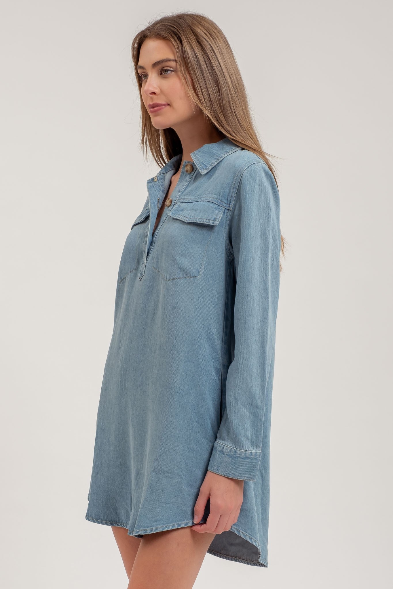 Chambray Collard Long Sleeve Mini Dress Shirt