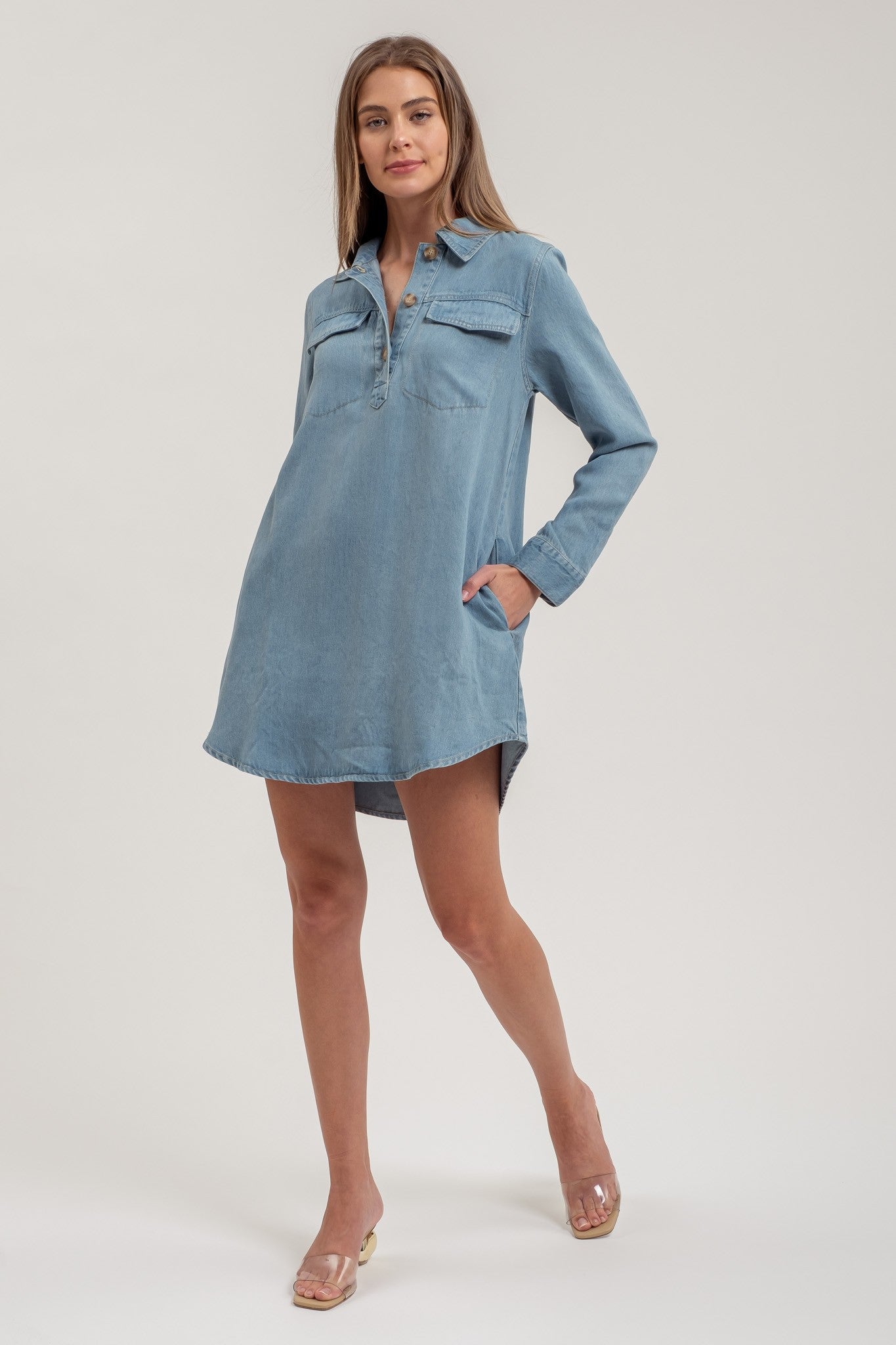 Chambray Collard Long Sleeve Mini Dress Shirt