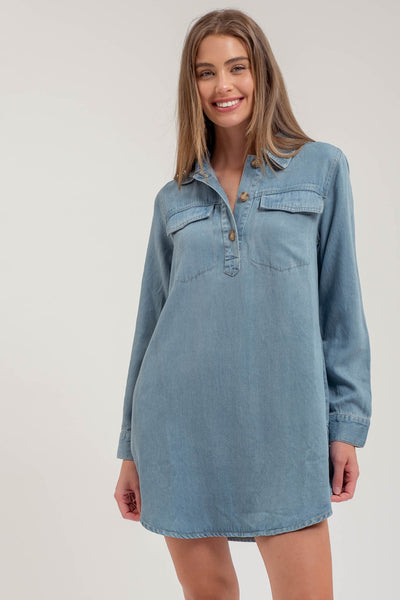 Chambray Collard Long Sleeve Mini Dress Shirt