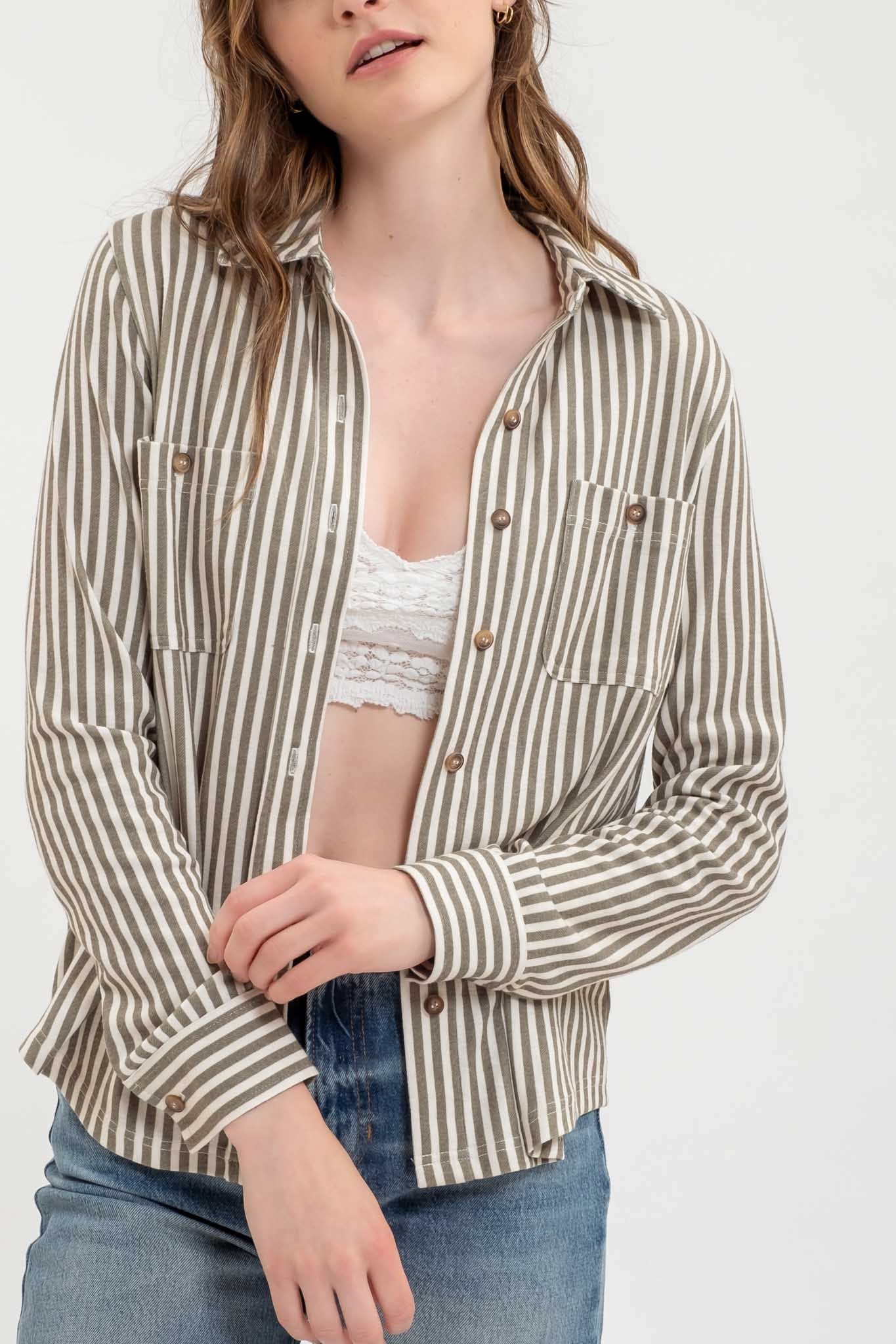 Stripe Collard Long Sleeve Buttoned Down Shirt