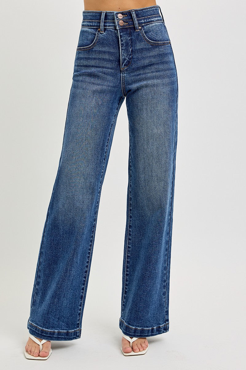 Tummy Control High Rise Double Button Wide Leg Jeans