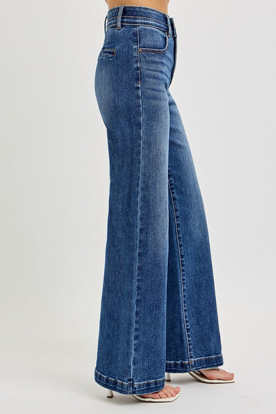 Tummy Control High Rise Double Button Wide Leg Jeans