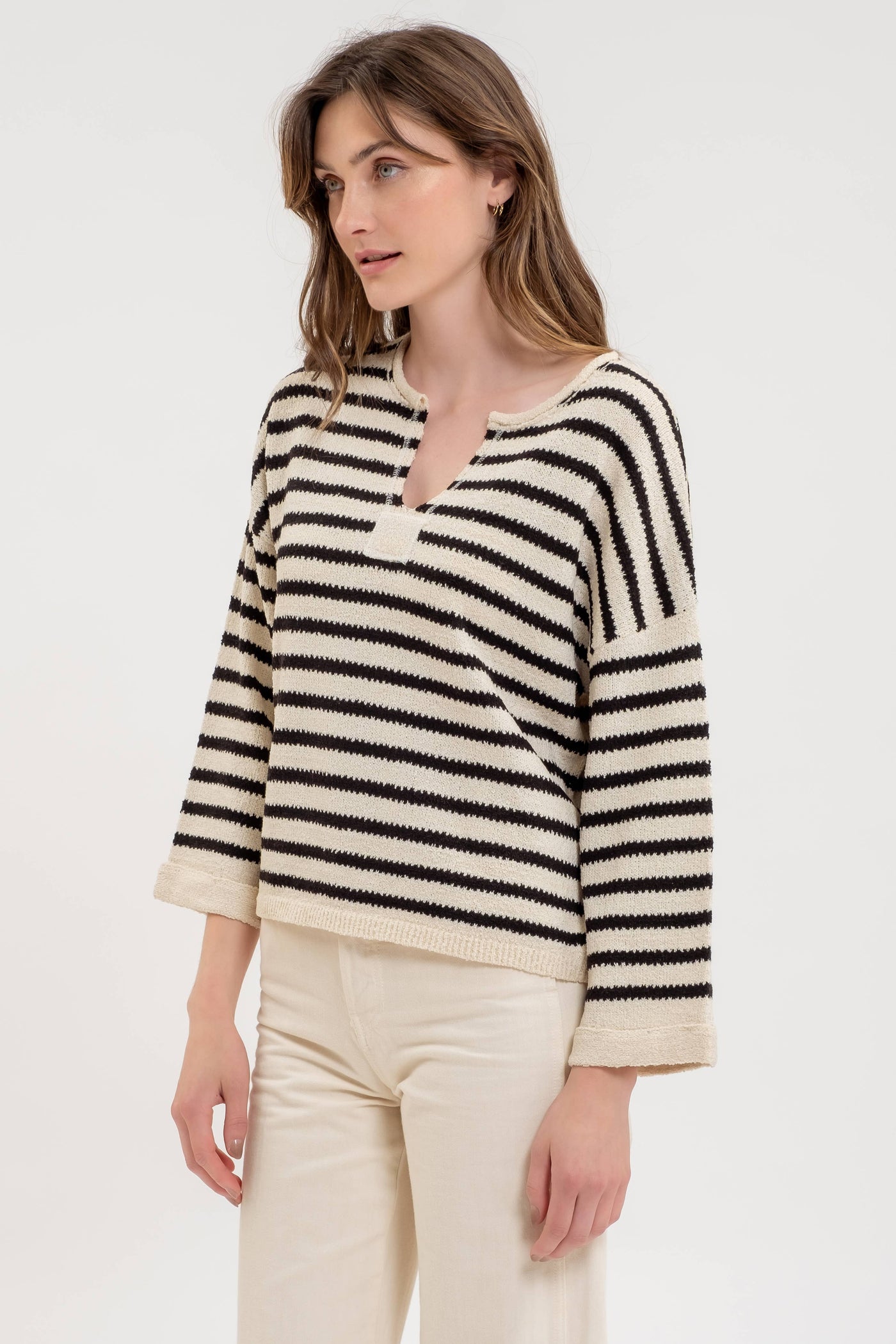 Stripe Split Neck Long Sleeve Knit Sweater