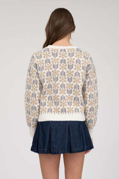 Geo Floral Pattern Long Sleeve Knit Pullover