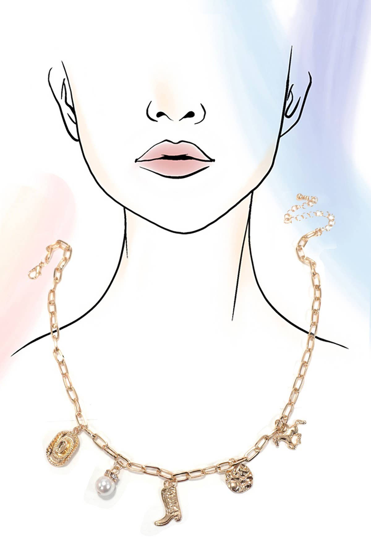 WESTERN BOOT STAR HAT HORSESHOE CHARM NECKLACE | 80N1187: Gold