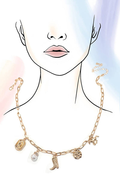 WESTERN BOOT STAR HAT HORSESHOE CHARM NECKLACE | 80N1187: Gold