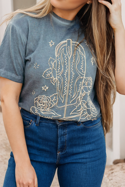 Western Cowboy Boots Flower Graphic Tee