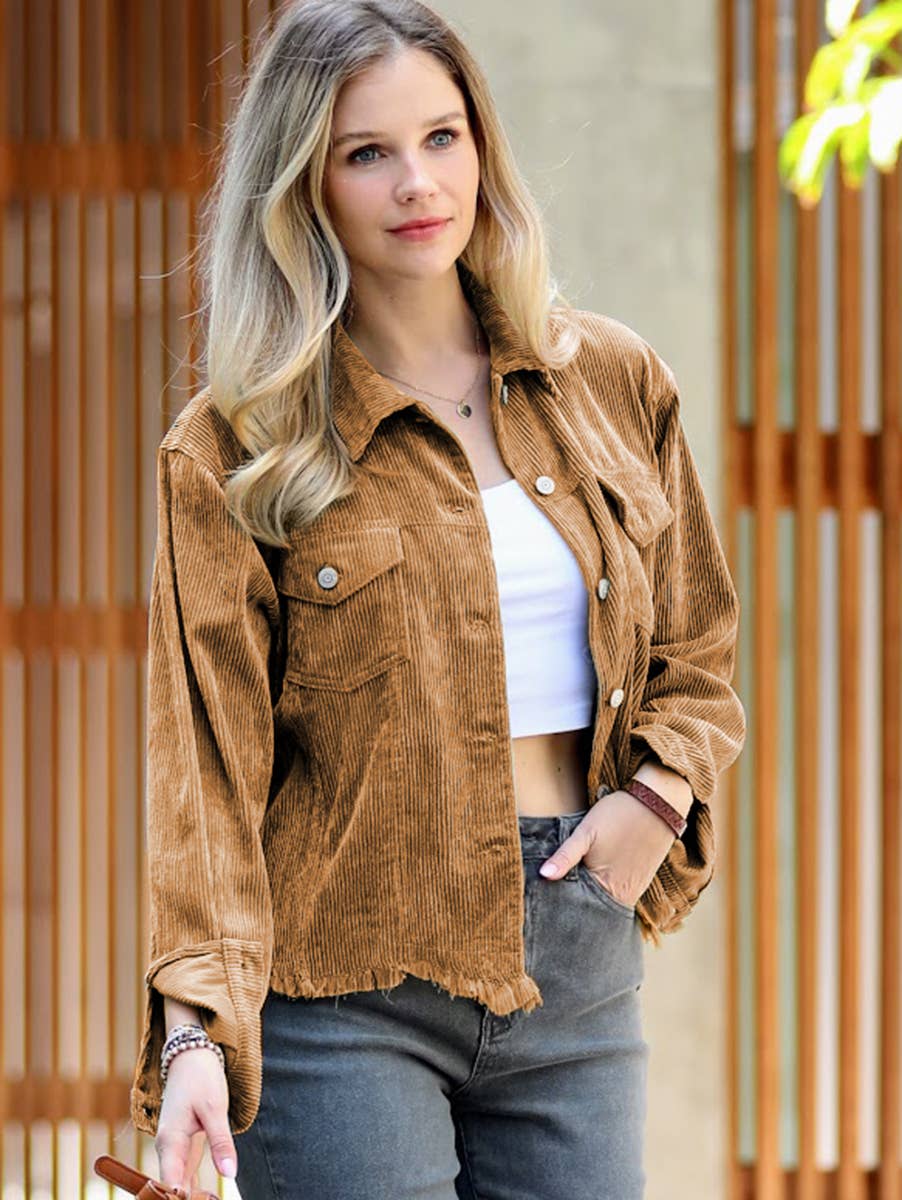 Distressed Corduroy Frayed Hem Cropped Jacket  DEEP CAMEL