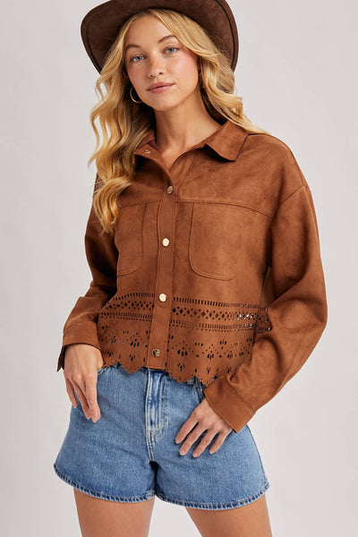 BUTTON DOWN DIE-CUT FAUX SUEDE CROPPED JACKET