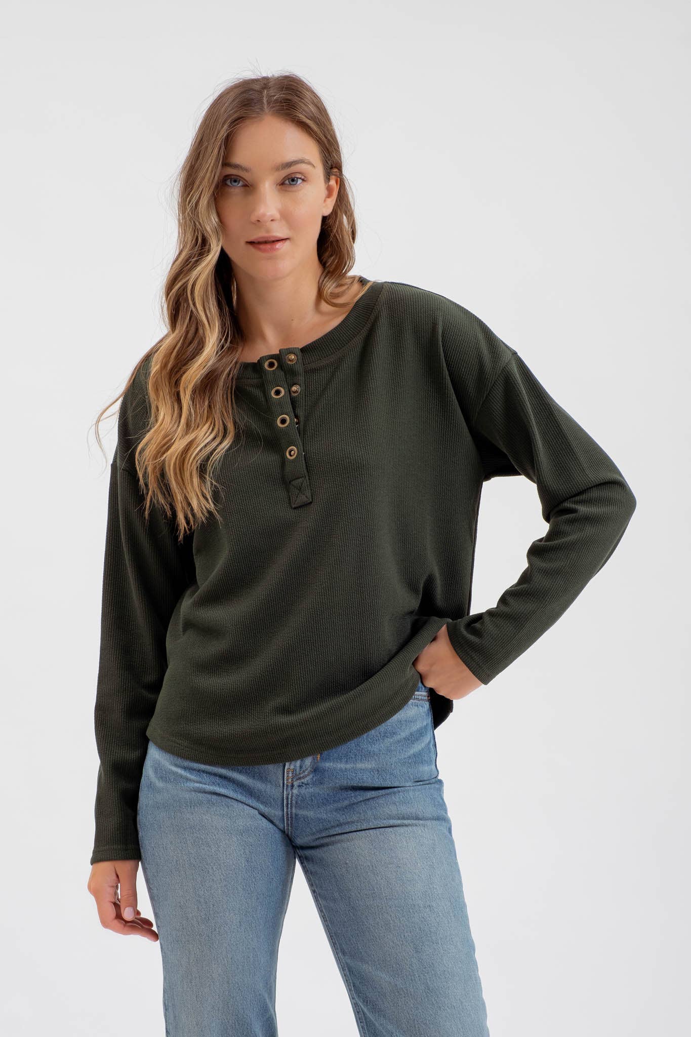 HALF BUTTON DOWN LONG SLEEVE HENLEY KNIT TOP: HUNTER GREEN S,M,L