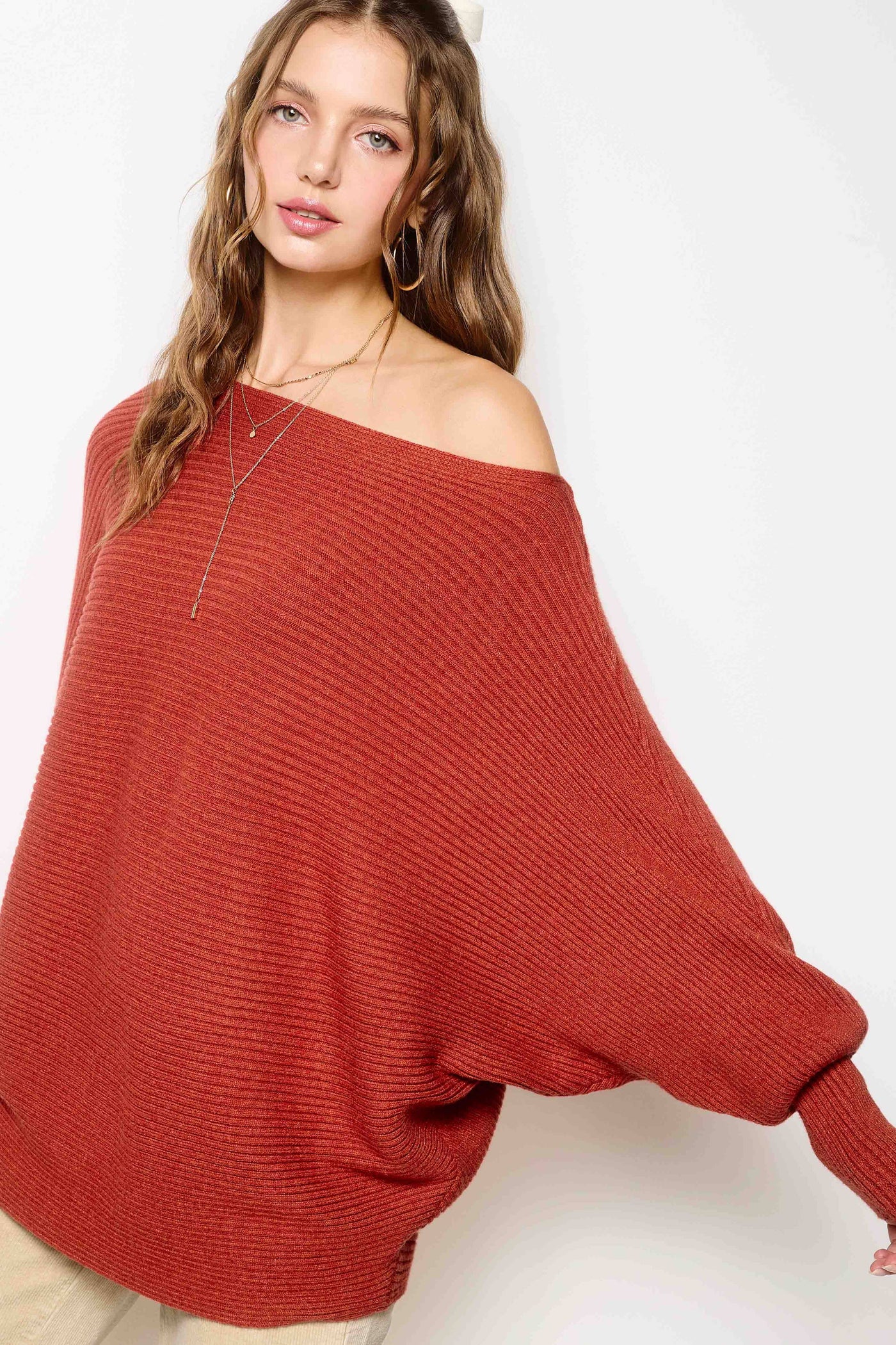 Slouchy Fit Bubble Sleeve Boat Neck Sweater: Brick