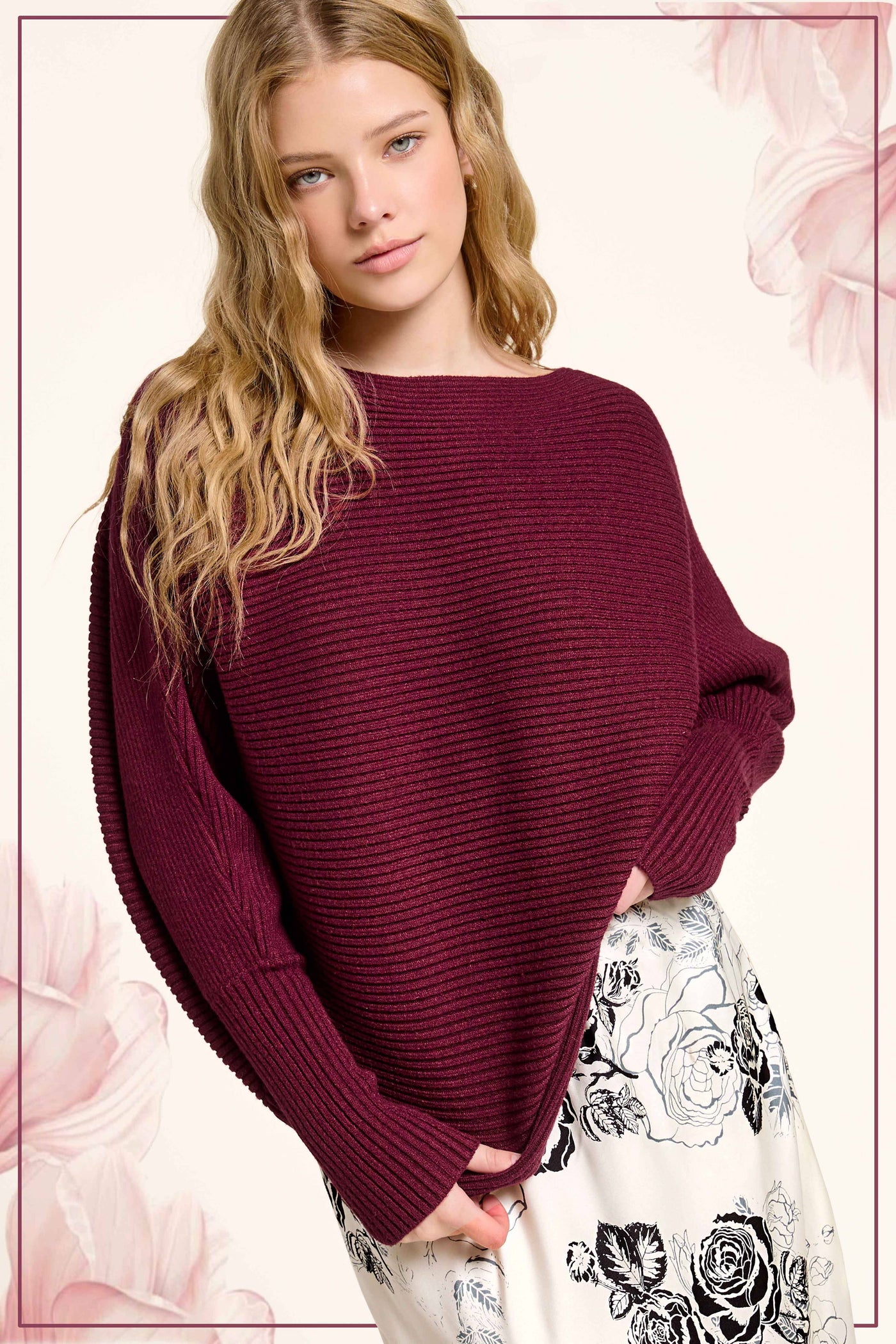 Slouchy Fit Bubble Sleeve Boat Neck Sweater: Brick